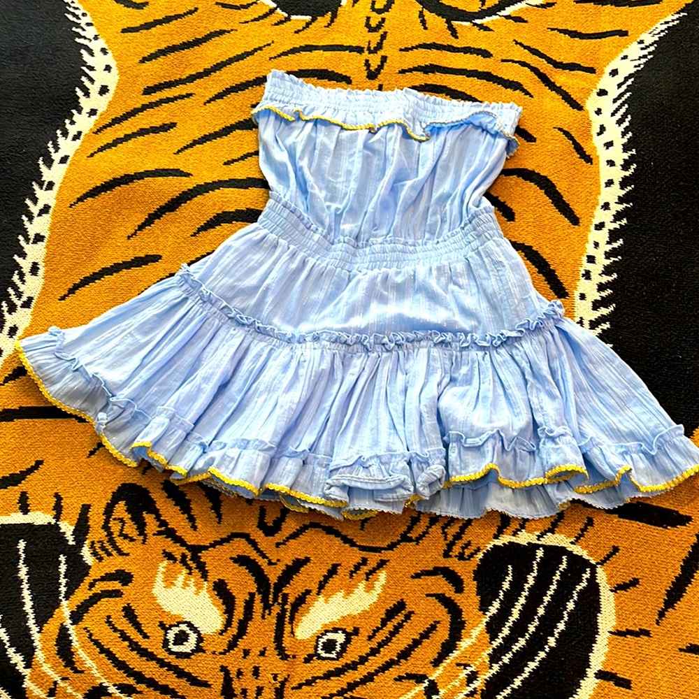 Misa Los Angeles Light Blue Strapless Ruffled Mini Dress with Yellow Trim